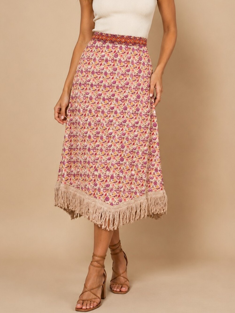 NKN Nekane Boho Floral Fringe Midi Skirt - Pink/Cream